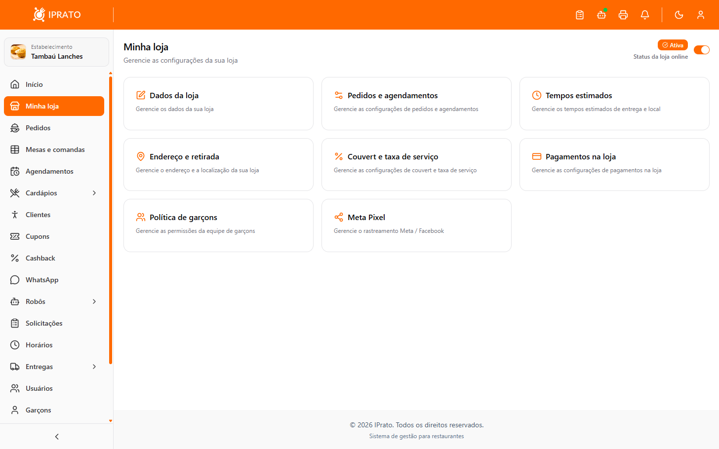 Interface do IPrato — loja online e pedidos